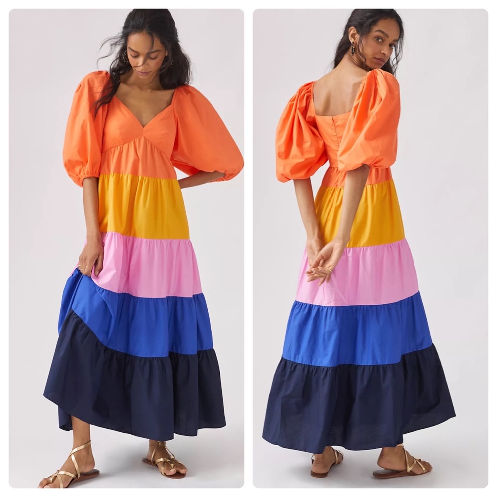 ANTHROPOLOGIE - Farm Rio Tiered Colorblocked Maxi Dress